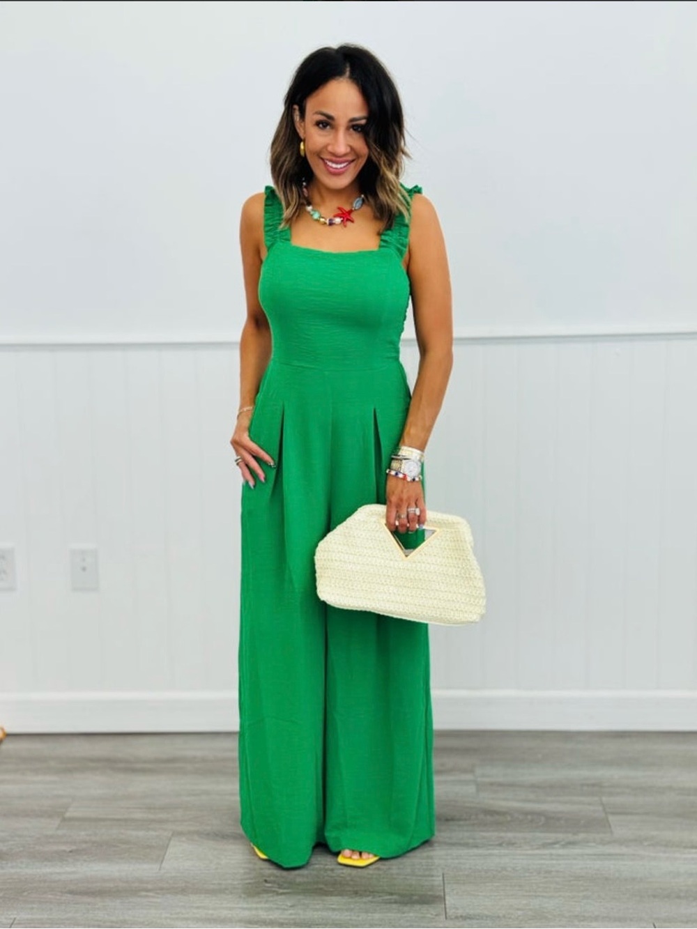 Bright Green Wide-Leg Ruffled-Strap Jumpsuit